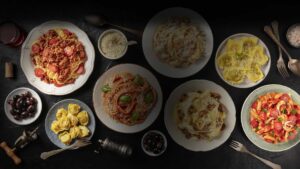 Homemade spaghetti in meat sauce, stuffed shells, seafood alfredo pasta served at Blackstone Grille restaurant tavern and bar in Chattanooga, Tennessee