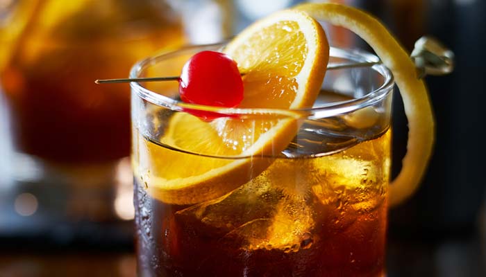 Whiskey or Brandy Old Fashioned cocktail at Blackstone Grille restaurant tavern and bar in Chattanooga, Tennessee